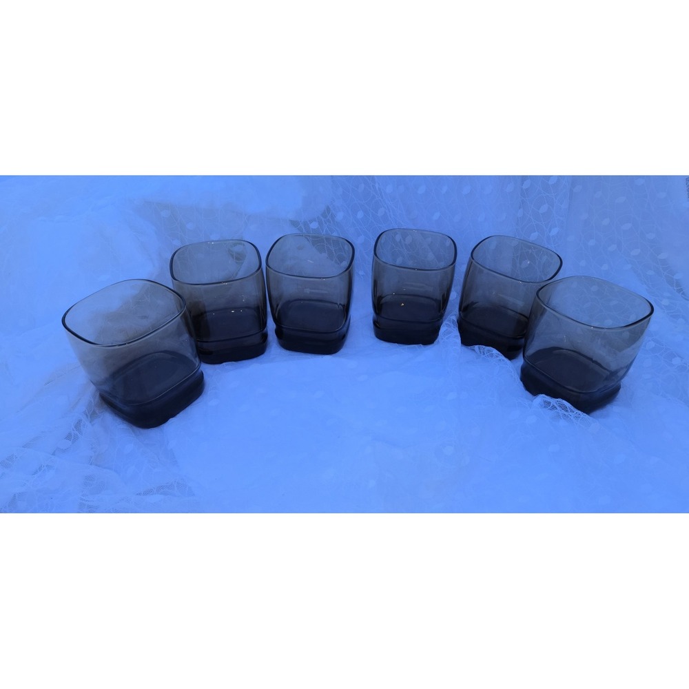6 Libbey Carrington Tawny Smoky Brown Square Rocks / Old Fashioned VTG EUC.
